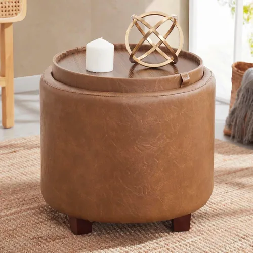 Miniatura 9 de Ornavo Home Lawrence Otomana Redonda de Almacenamiento con Tapa Desmontable y Mesa de Café con Bandeja, Otomana con Almacenamiento para Sala