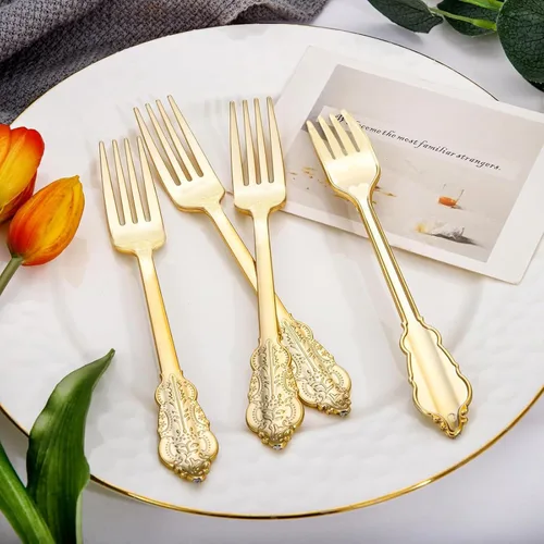 Miniatura 2 de WDF 100 tenedores dorados desechables, tenedores de plástico dorado de 7.48 pulgadas, cubiertos de plástico barroco para pastel de postre