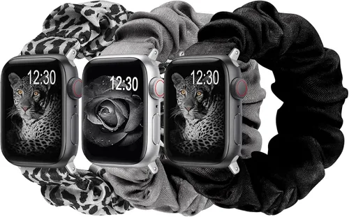 Miniatura 17 de TOYOUTHS - 3 paquetes compatibles con Apple Watch Band Scrunchies 1.496 in (38 mm) tela suave patrón impreso pulsera de tela para mujer iWatch