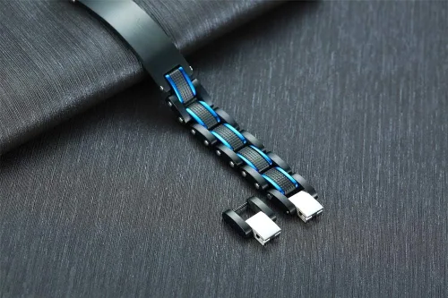 Miniatura 5 de MEALGUET Pulsera de identificación de alerta médica de acero inoxidable masculino de 2 tonos para hombre, grabado gratuito, negro, azul, para hombre