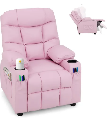 Miniatura 13 de GLACER Silla reclinable para niños con portavasos y bolsillos laterales, reclinable para niños con respaldo cómodo, reposabrazos y reposapiés, Marrón