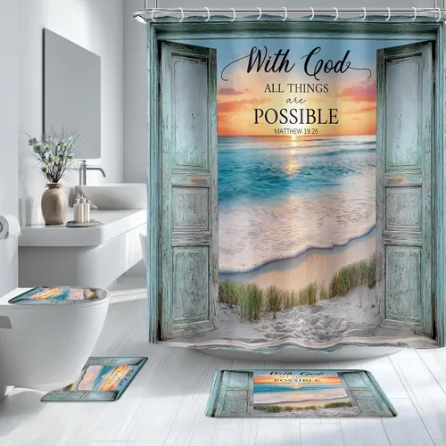 Miniatura 9 de Riyidecor Cortina de ducha para puerta de granero verde azulado para decoración de baño, 36 pulgadas de ancho x 72 pulgadas de alto, paisaje