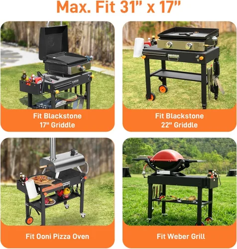 Miniatura 2 de Mesa de parrilla portátil para exteriores, carrito plegable con ruedas, soporte de parrilla Blackstone para plancha de 17 pulgadas/22 pulgadas, mesa