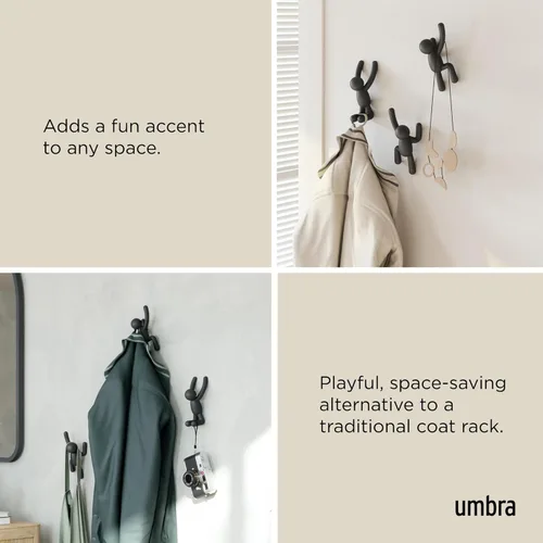 Miniatura 4 de Umbra Buddy Ganchos de pared decorativos montados en la pared para colgar abrigos, bufandas, bolsos, carteras, mochilas, toallas y más, juego de 3