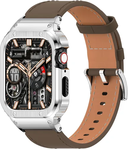 Miniatura 11 de SUPLINK Correa de cuero con funda de acero inoxidable para Apple Watch Ultra 3/2/1 y SE 3/2/1 y Series 11 10 9 8 7 6 5 4 3 2 1 1.929 in 1.811 in