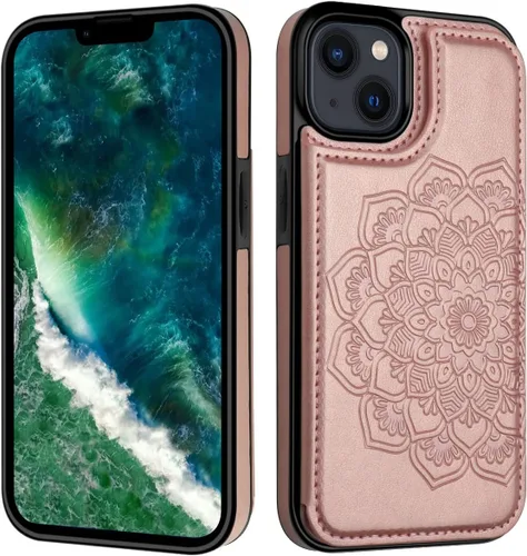 Miniatura 7 de MMHUO Funda para iPhone 14 con tarjetero y parte trasera magnética de flores para iPhone 14, funda protectora para iPhone 14, color oro rosa