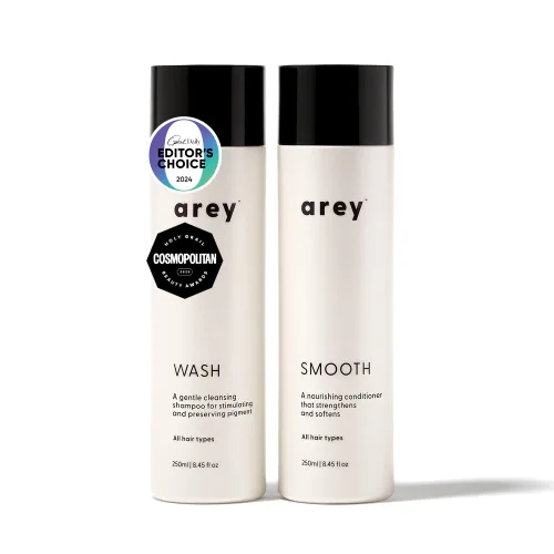 Arey Shower Duo | Juego de champú y acondicionador para lavado diario | Retrasa + reduce los signos del envejecimiento del cabello gris | Retiene la