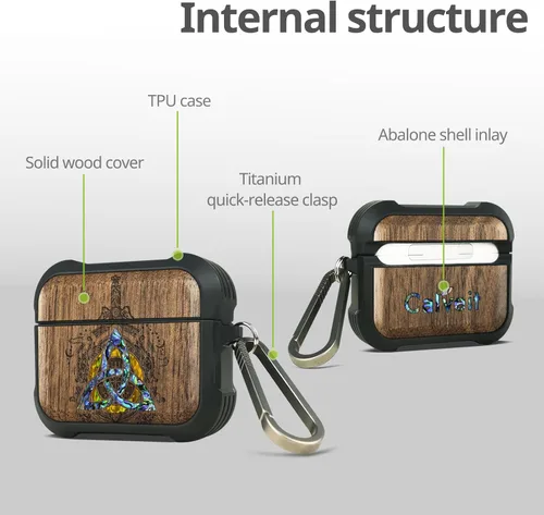 Miniatura 20 de Carveit Funda de madera para AirPods Pro de 2ª/1ª generación, grabado artístico de madera e incrustación hecha a mano, cubierta de TPU a prueba