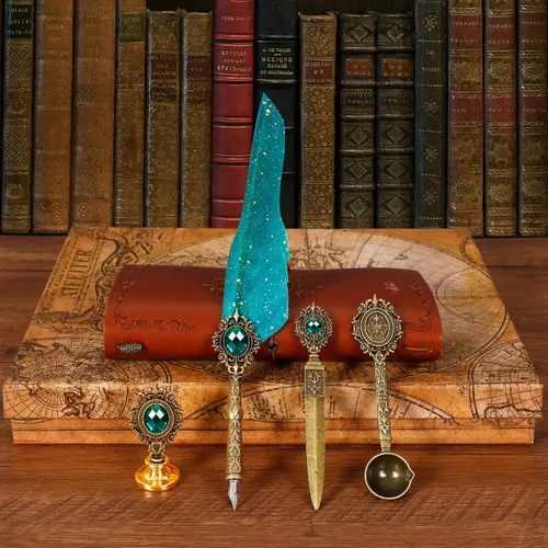 Miniatura 2 de Aifeiter - Set de pluma estilográfica y tinta, juego de caligrafía con pluma de ave y sello de cera, cuaderno - Hermoso regalo para Navidad - Verde