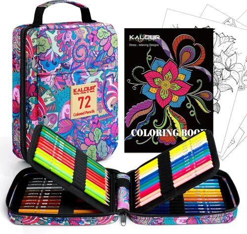 KALOUR 72 lápices de colores para adultos, con libro para colorear, estuche con ranura con cremallera, con sacapuntas, núcleo suave, 7 colores