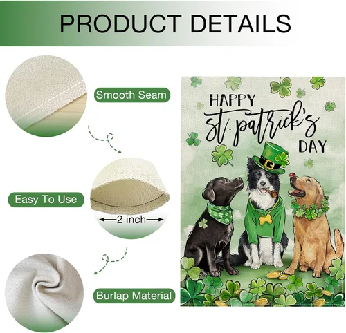 Miniatura 4 de Hzppyz Bandera de jardín con diseño de perros del Día de San Patricio, de doble cara, trébol de trébol dorado para cachorros, decoración pequeña
