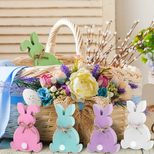 Miniatura 7 de Thinkday 6 piezas de decoraciones de Pascua de madera de conejo, decoración de mesa, letrero de mesa rústico de conejo con cuerda de yute y cola