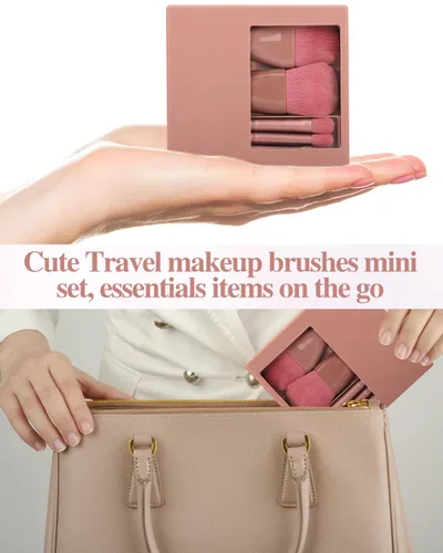 Miniatura 6 de PGRODE Mini juego de brochas de maquillaje de tamaño de viaje con estuche rígido y espejo integrado, 5 brochas pequeñas para cosméticos, kits
