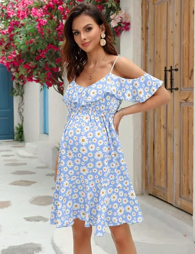 Miniatura 3 de FUNJULY Vestido de lactancia de maternidad para mujer, cuello en V, tirantes delgados, manga con volantes, estampado de margaritas, vestido
