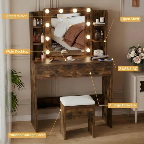 Miniatura 4 de Haewon Escritorio de tocador con espejo y luces, tocador de maquillaje con 10 bombillas LED y 3 modos de color, juego de tocador con tomas