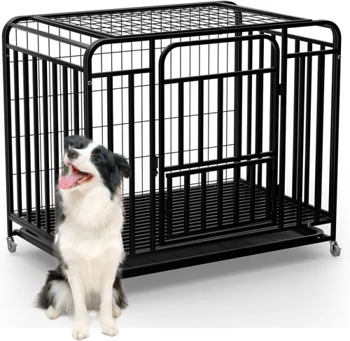 Miniatura 9 de Perrera para perros de 42 pulgadas, resistente para interiores, fácil de limpiar, 4 ruedas bloqueables, jaula extragrande para perros con bandeja