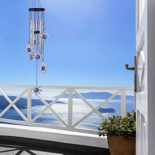 Miniatura 5 de Campanillas de viento azules con ojo maléfico para decoración exterior, atrapavientos móvil con sol y ojo maléfico, campanas de viento con sol y ojo