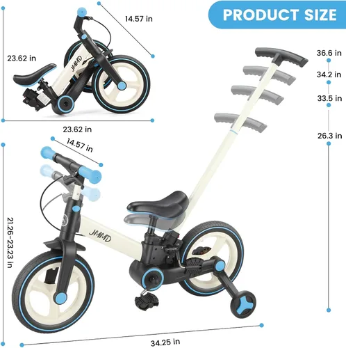 Miniatura 8 de JMMD Bicicleta 6 en 1 para niños de 18 a 60 meses, bicicleta de equilibrio plegable de 12 pulgadas con ruedas de entrenamiento, pedales, frenos, Azul