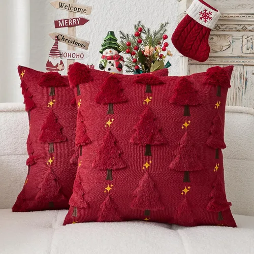 Miniatura 23 de Kevin Textile - Fundas de almohada con diseño de árbol de Navidad de 16 x 16 pulgadas, juego de 2, bordado de lujo, felpa suave, piel sintética