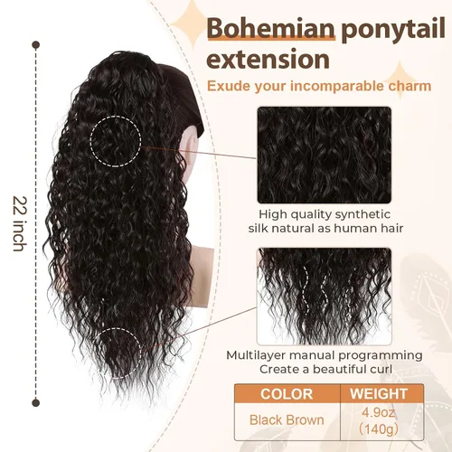 Miniatura 2 de Flufymooz Extensión de cola de caballo, 22 pulgadas, estilo bohemio, con cordón, extensiones de cabello para mujer, cola de caballo larga, rizada