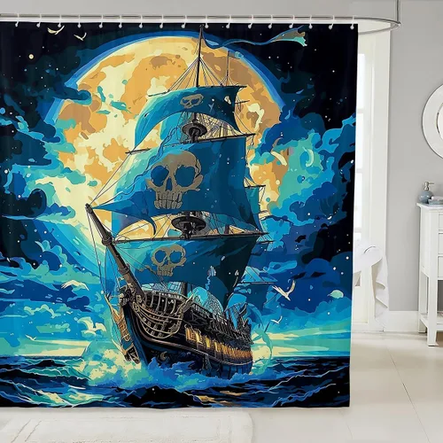Miniatura 20 de Cortina de ducha de barco pirata de dibujos animados, 72 pulgadas de ancho x 72 pulgadas de largo, bonito sombrero pirata, bandera de calavera