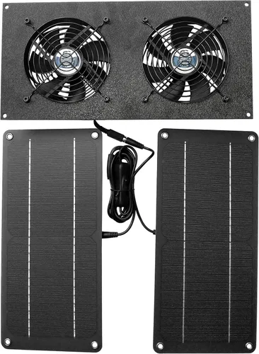 CoolerGuys Kit de ventilador dual alimentado por energía solar de 10 W para gallineros pequeños, invernaderos, casetas de perros, cobertizos y otros