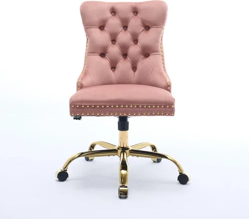Miniatura 6 de Silla de oficina en casa de terciopelo con base de metal dorado y ribete de cabeza de clavo, moderna silla de trabajo tapizada giratoria tapizada