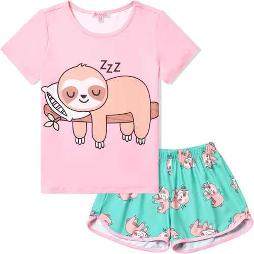 Miniatura 19 de QPANCY Pijamas de verano para niñas, conjuntos de pijamas de manga corta para dormir de verano