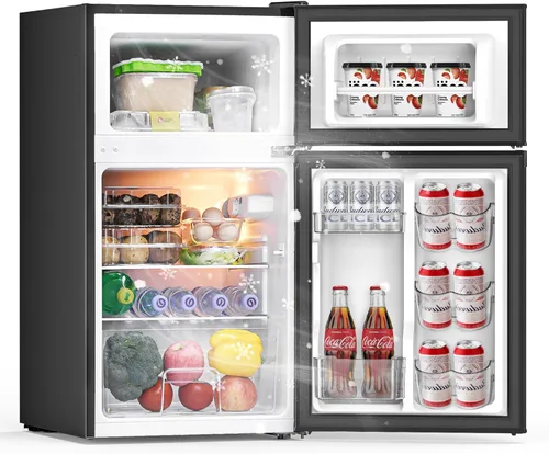 Miniatura 9 de Mini refrigerador de 3.2 pies cúbicos con congelador, ahorro energético, congelador vertical de doble puerta para dormitorio, oficina y dormitorio