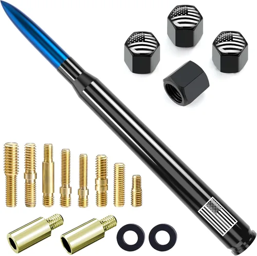 Miniatura 9 de Antena de camión para automóvil con tapas de válvula de neumáticos, bandera estadounidense, repuesto corto universal para GMC Sierra, Chevy, Negro