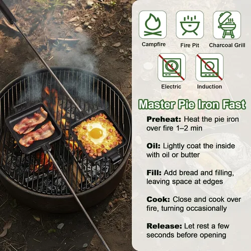 Miniatura 7 de AILITOR Mountain Pie Maker - Juego de 2 planchas de hierro fundido para acampar con bolsa de almacenamiento, sandwichera de hierro fundido