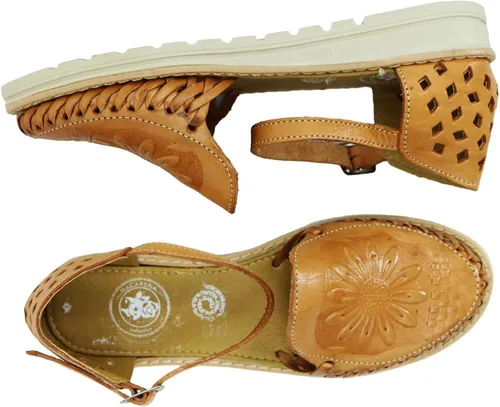 Miniatura 6 de Macarena Collection Sandalias Huarache para mujer sandalias de cuero colorido estilo mexicano color tostado girasol troquelado 040 Beige Bronceado