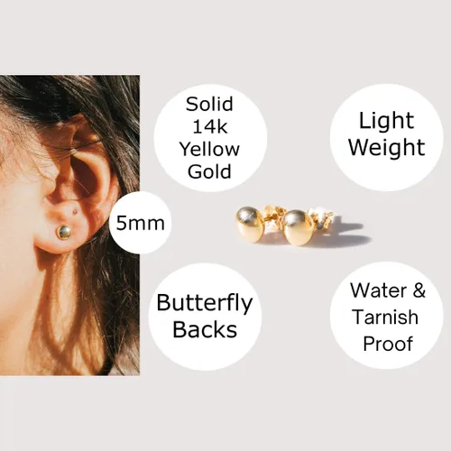 Miniatura 2 de 14k Solid Gold Flat Ball Stud Earrings for Women Modern Button-Style Studs with Butterfly Backs Hypoallergenic & Tarnish-Resistant Sizes 3mm to