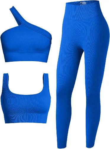 OQQ Conjunto deportivo de 3 piezas para mujer acanalado sin costuras cuello redondo brasier deportivo con un hombro cintura alta leggings activos