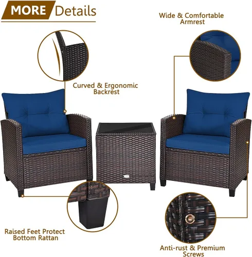Miniatura 5 de RELAX4LIFE Juego de muebles de patio de 3 piezas, juego de conversación de mimbre con 2 sillones acolchados y mesa con tapa de cristal, juego