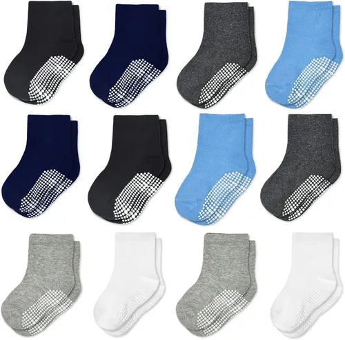 Calcetines antideslizantes para niños, calcetines de corte medio para niños pequeños y niñas (0-7 años), 12 pares de calcetines antideslizantes para