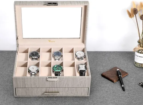 Miniatura 7 de Voova Caja Organizadora de Relojes y Joyas para Hombres y Mujeres, Estuche de Almacenamiento de Relojes de Cuero con 12 Compartimentos, Soporte
