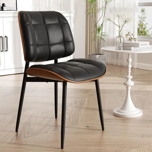 Miniatura 45 de Silla de comedor, moderna de mediados de siglo con cojín grueso, sillas de cocina tapizadas de piel sintética con respaldo de madera curvada de Beige