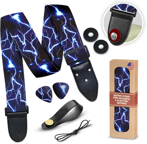 Art Tribute Correa de guitarra para guitarra acústica, eléctrica y bajo, correa clásica ajustable con diseño Lightning con 2 púas + cierres de