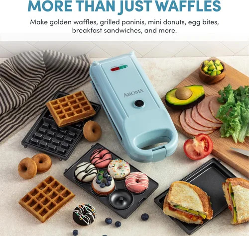 Miniatura 2 de AROMA Máquina de gofres intercambiable y abatible con platos extraíbles: prensa Panini 3 en 1, mini máquina de donas y plancha para gofres