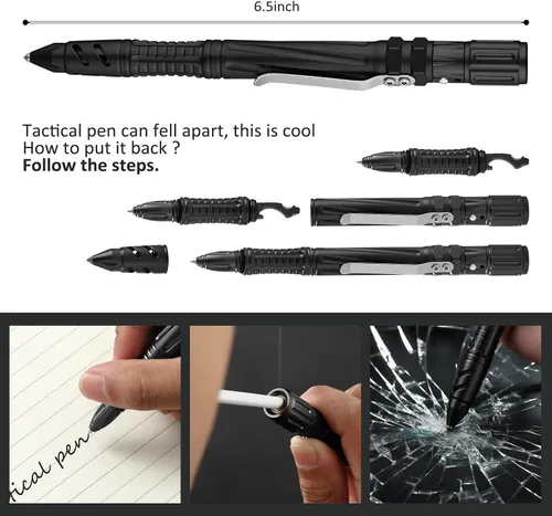 Miniatura 7 de Bolígrafo táctico de defensa personal militar EDC, negro Glass Breaker, Bottle Opener, Emergency Heater, Multi Tool Survival Pen, For Men Women