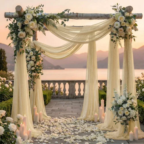 Miniatura 4 de MDS Paquete de 1 panel de cortina de arco de boda (30 pulgadas de ancho x 20 pies de largo) tela de gasa transparente para boda, ceremonia, Dorado