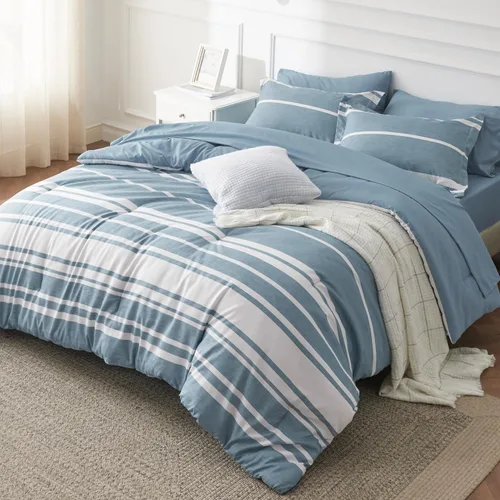 Miniatura 15 de Bedsure Juego de ropa de cama con edredón tamaño individual de 5 piezas, juego de ropa de cama a rayas azules para todas las estaciones, reversible