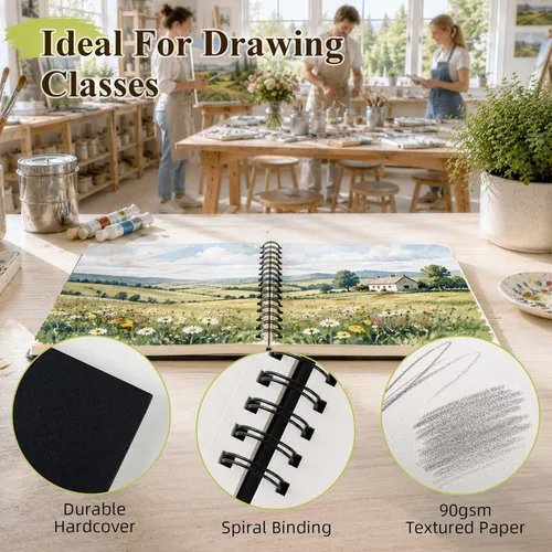 Miniatura 5 de Cuaderno de dibujo de tapa dura con espiral de CONDA, de 9 x 12 pulgadas, para dibujar, pintar y realizar técnicas mixtas Negro
