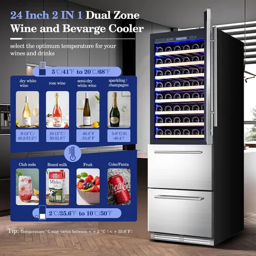 Miniatura 7 de BODEGA Refrigerador de vino y bebidas, enfriador de vino de doble zona 2 en 1 de 24 pulgadas, enfriador de bebidas integrado o independiente, luz