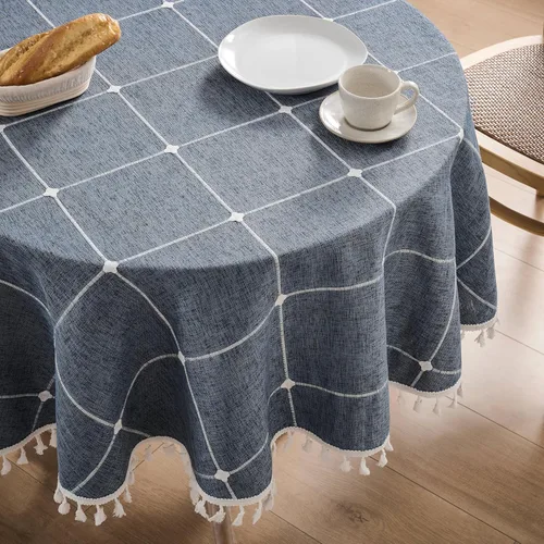 Miniatura 97 de ZeeMart - Mantel de mesa con diseño de cuadrícula boho y borlas (blanco roto, 132 cm x 132 cm), mantel de gran peso de lino a cuadros bordado