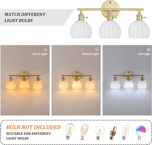 Miniatura 4 de Shenmoyl Accesorios de Iluminación para Baño, Lámpara de Pared de Tocador de Latón de 3 Luces Sobre Espejo con Pantalla de Cristal Tulipán Blanco