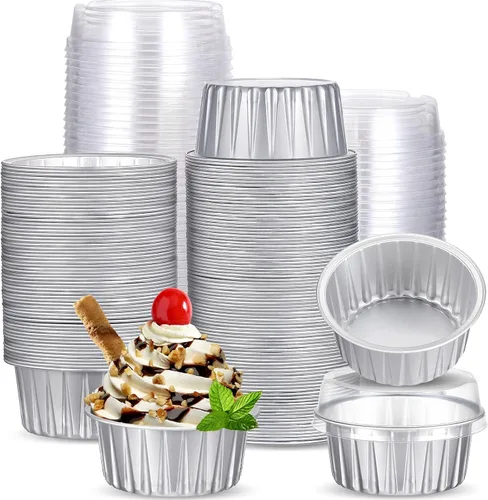 Miniatura 9 de 150 moldes desechables de papel de aluminio para hornear, con tapas, mini moldes para cupcakes de 5 onzas, moldes para flan, moldes para tartas