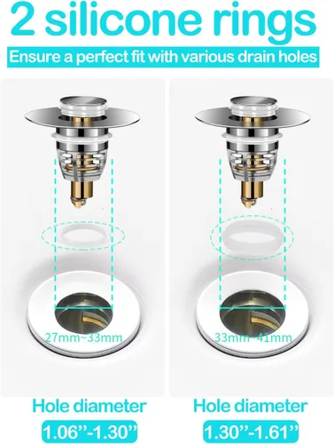 Miniatura 7 de Paquete de 2 tapones universales para lavabo de baño, tapón de drenaje desplegable para lavabo, filtro de drenaje para lavabo de 1.06 a 1.61