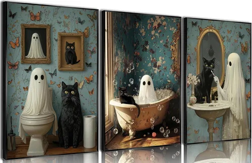 NBYARTQ Pósteres de Fantasmas de Halloween Arte de Pared Juego de 3 Impresiones de Terror Espeluznante Academia Oscura Fantasma y Gato Negro
